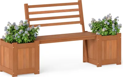 Image de Jardinière COSTWAY, banc avec banc de jardin, 2 jardinières latérales et dossier, banc en bois 2 places, banc, jusqu'à 150 kg, 172 x 46,5 x 91 cm, naturel