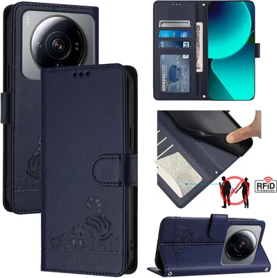 Produktbild von Leder Hülle für Xiaomi 12S Ultra Süße Katze Flip Case Brieftasche Schutzhülle mit Standfunktion Blau
