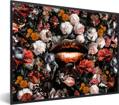 Produktbild von MuchoWow® Gerahmtes Poster Lippen - Blumen - Farbe - Orange - Kunst - Abstrakt - Alte Meister 40x30 cm - Poster mit Schwarzem Bilderrahmen Wandposter Rahmen Foto Bilder - Kunstposter - Wanddekorationen