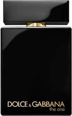 A product shot of a black Dolce & Gabbana The One Intense EDP perfume bottle.