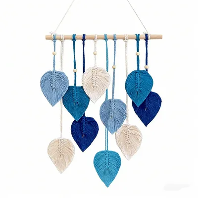 Image de Décoration murale en macramé Minicee « Feuille » 60 x 40 cm, tenture murale bohème bleue