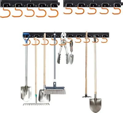 Immagine prodotto di Relaxdays Portattrezzi da giardino da parete, 10 ganci, supporto da parete per attrezzi, dimensioni: 5x43x2 cm, 2 barre porta-attrezzi, nero/arancione