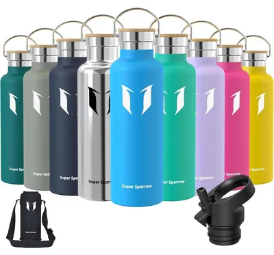 Produktbild von Edelstahl Trinkflasche 750 ml Auslaufsicher BPA-Frei mit 2 Deckeln für Sport & Schule