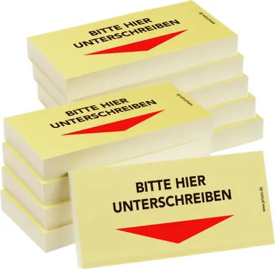Produktbild von PRICARO Haftnotizen "Bitte hier unterschreiben", Pfeil unten, 100 Blatt, 10 Stück