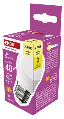 Obrázok produktu pre EMOS LED žiarovka Mini Globe, 4,2 W náhrada za 40 W, malá žiarovka s päticou E27, jas 470 lm, teplá biela 2700 K, životnosť 30000 h , ZQ6E21