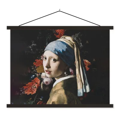 Produktbild von MuchoWow® Textilposter Das Mädchen mit dem Perlenohrring - Vermeer - Blumen 60x45 cm mit schwarzem Rahmen - Poster Schlafzimmer