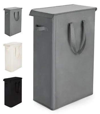 Produktbild von Schmaler Wäschesammler mit Deckel 55L Grau Oxford-Stoff Faltbar