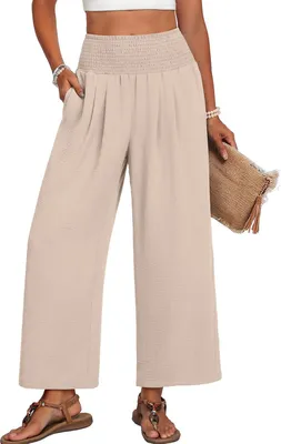 Image de ASKSA - Pantalon en lin pour femme, pantalon d'été, pantalon de plage léger, pantalon ample, pantalon en tissu ample, pantalon palazzo en mousseline à jambes larges avec poches (beige, L)