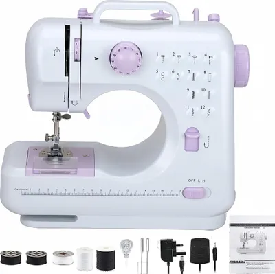 A white and purple sewing machine is displayed on a white background, with various accessories and a manual shown at the bottom.