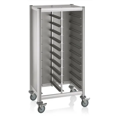 A stainless steel trolley with multiple shelves for holding trays, presented on a white background.