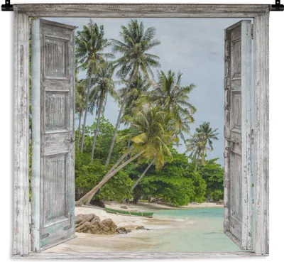 Produktbild von MuchoWow® Wandteppich Wandbehang Tropisch - Palme - Blick - Meer 150x150 cm Tapisserie Dekoration Wandtuch - Wohnaccessoires - Modernes