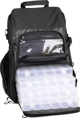 A black fishing backpack with its main compartment open, revealing multiple clear plastic storage boxes stacked inside.
