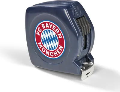 A dark blue tape measure with the FC Bayern München logo on its side, set against a white background.