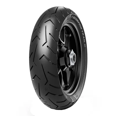 A motorcycle tire mounted on a black rim, shown against a white background.