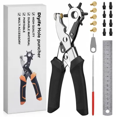 Produktbild von Lochzange für Leder, Gürtellochzange Set, Schwarz, 6 Lochgrößen, Doppelhebel, Verzinkter Stahl