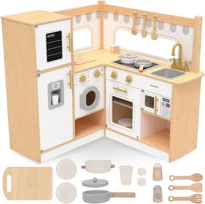 Produktbild von Eck-Holzku?Che fu?r Kinder - Spielku?Che mit LED & Sound-Effekten - Set mit Ku?hlschrank, Backofen, Waschmaschine, Eiswu?rfelspender - Inklusive to?pfe & Geschirr