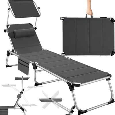 A gray foldable sun lounger with a canopy and side pocket, shown in its unfolded and folded states, along with some accessory diagrams.