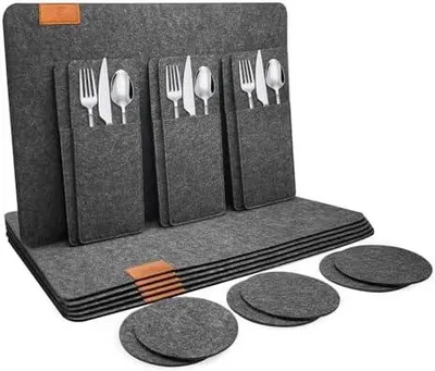 Produktbild von shinfly Tischsets Abwaschbar Platzsets aus Filz 18er Set, Abwischbar Tischsets, Hitzebeständig rutschfest Platzdeckchen mit Untersetzer, BestecksäCken für Küche, Speisetisch, 44x31cm【Anthrazit】