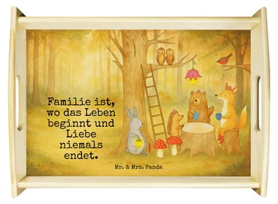 Produktbild von Mr. & Mrs. Panda Deko Tablett Waldtiere Picknick Design - Weiß - Geschenk, Holztablett, betttablett, Eichhörnchen, Servier, Hase, Fuchs, Gute Laune, kaffeetablett, Igel
