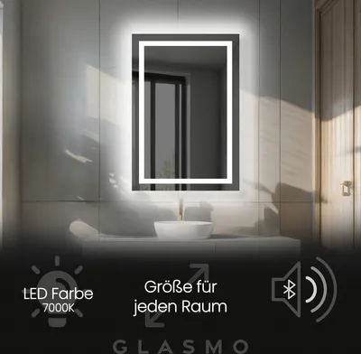 A modern bathroom with a lit mirror.
