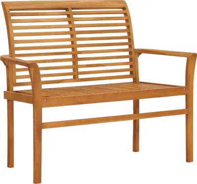 A wooden garden bench against a white background.
