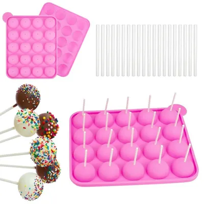 Produktbild von Cake Pop Form Silikon Rosa 20 Stück mit Stäbchen | Backform für Lutscher, Muffins, Schokolade