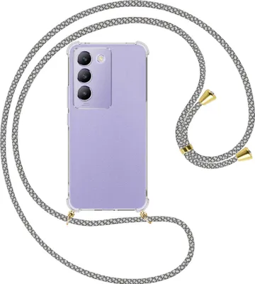 Produktbild von Handykette Backcover-Schutzhülle mit Band (Metall goldfarben) für vivo Y200e 5G / V30 Lite 4G / T3 5G - weiß/grau kariert