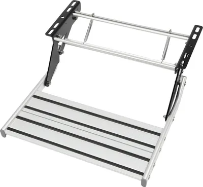Zdjęcie produktu dla Schodki do kampera - Ręcznie składane stopnie wejściowe - Nośność 150 kg - Antypoślizgowe - Wykonane z aluminium - Do kamperów, przyczep kempingowych i ciężarówek - Kolor srebrny