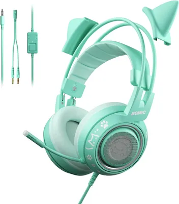 Produktbild von QUALITÄTSLEISTUNG Gaming-Headset mit Mikrofon, Mädchen Frauen Rosa Katze Ohr-Kopfhörer mit 3,5-mm-Kabel für Xbox One, PS4, Smartphone