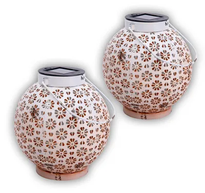 Produktbild von 2er-Set LED Deko-/Solarleuchte l/b: 18cm weiß, Lampe für den Außenbereich im Oriental-Style, aus Metall in weiß, 18 x 18 x 19,5 cm, mit Diode – mit Druckschalter – Dämmerungssensor