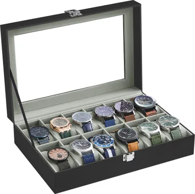 Produktbild von SONGMICS Uhrenbox Uhrenkasten, mit 12 Fächern, Glasdeckel, Geschenkidee