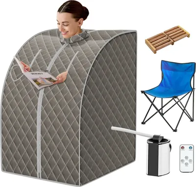 Produktbild von Goplus Mini-Mobil Heimsauna, Grau, 1000W, 3L, Einstellbare Temperatur, Timer 15-90 Min., für feinen Dampf, 2 Hand-Reißverschlüsse, 78x87x101 cm, ABS, Edelstahl, Stoff, Sicherheitsglas, PVC