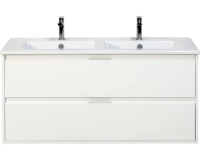Obrázek produktu pro Koupelnový nábytkový set Porto 120 cm s keramickým dvojitým umyvadlem 2 zásuvky bílá vysoce lesklá