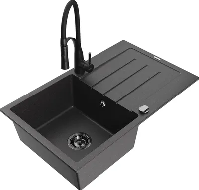 Immagine prodotto di Mexen Bruno lavello in granito a 1 vasca con scolapiatti e rubinetto da cucina Aster, nero maculato - 6513-76-73450-70-B