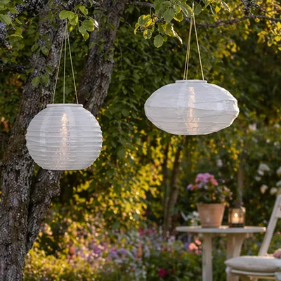 Produktbild von LED Solar Lampions - rund und oval - D: 25cm/35cm - Lichtsensor - weiße Gartenlampions - 2er Set