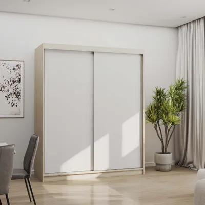 A modern bedroom or living room with a sliding door wardrobe, a plant, and curtains.
