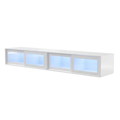 Produktbild von Schwebendes TV-Lowboard 200cm Weiß Hochglanz, 2 Module mit kaltweißer LED-Beleuchtung, Acryl-Schiebetüren, wandmontierbar & standfest