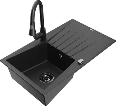Produktbild von Mexen Cesar 1 Becken-Granitspüle mit Abtropffläche und Mischbatterie Elia, Schwarz/Silbermetallic - 6514-73-670101-70-B