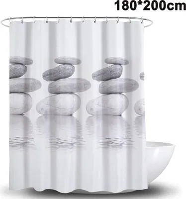 Produktbild von Duschvorhang Zen-Stein-Wildgras-Spiegelung im Wasser, 12 Haken, Meditationsdesign, wasserdichter Stoff, Badezimmer-Duschvorhang