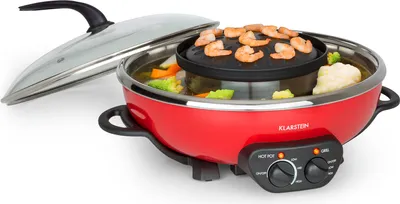 Produktbild von Klarstein Szechuan - Hot Pot und Grillplatte, Hot Pot Topf Volumen: 5 Liter, Hot Pot Grill 1350 Watt / 38 cm Ø, Grillplatte: 600 Watt / 22 cm Ø, Heizelement aus Aluminium, rot