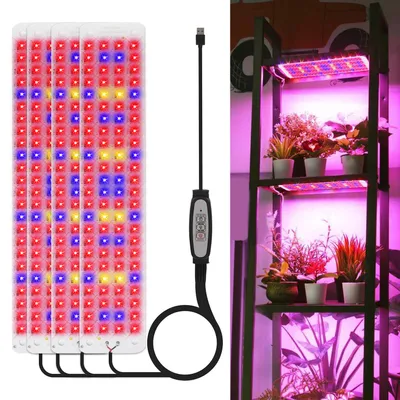 A collage showing a set of LED grow light panels and a shelf with plants under grow lights.