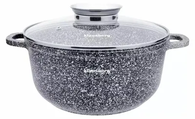 A close-up studio shot of a speckled gray pot with a glass lid.