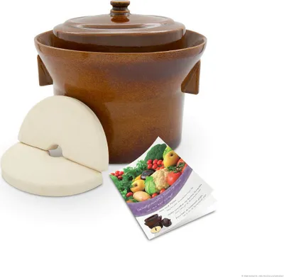 Produktbild von KERAZO PREMIUM Gärtopf 5 Liter aus Steinzeug Keramik inklusive Deckel + Stein + Anleitung [Form 1] BRAUN - Gurkentopf Einlegetopf Rumtopf Fermentation