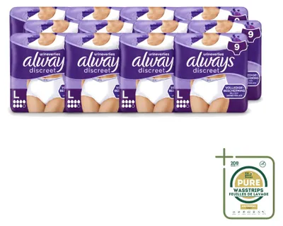 Obrázek produktu pro 12 kusů dámských inkontinenčních kalhotek Always Discreet, velikost L – balení