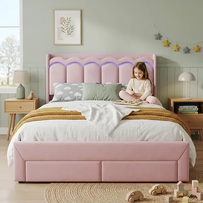Produktbild von Kinder-Polsterbett 140x200cm aus rosa Samt mit 2 Schubladen und App-gesteuerter LED-Beleuchtung, wellenförmiges Kopfteil für Kinder- und Jugendzimmer