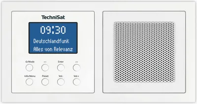 A white TechniSat DIGITRADIO UP 1 DAB+ / UKW Unterputzradio with a digital display and speaker grille.