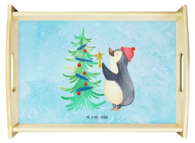 Produktbild von Mr. & Mrs. Panda serviertablett holz Pinguin Weihnachtsbaum - Eisblau - Geschenk, Frühstückstablett, tablett für bett, Servier, Sofa, Holztablett, Winter, Weihnachten
