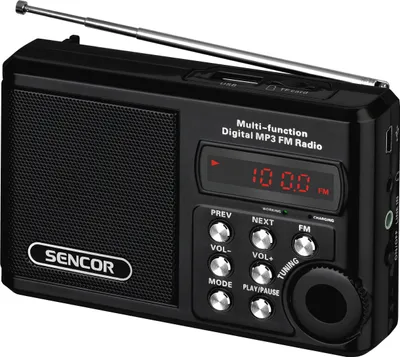 Obrázek produktu pro SENCOR SRD 215 B Radiopřijímač, analogový FM tuner, USB a slot pro paměťové karty s podporou MP3, audio vstup, výstup na sluchátka, integrovaný ukumulátor (nabíjení přes USB)