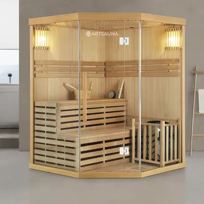 Produktbild von Artsauna Saunakabine Espoo150 Premium mit Saunaofen – 3 Personen – Hemlock Holz, Glasfront und LED Licht – Inkl. Thermometer & Sanduhr – Komplett Set