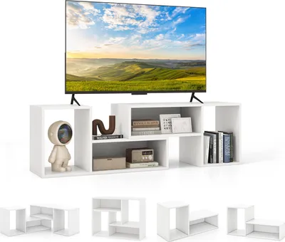 Zdjęcie produktu dla KOMFOTTEU Kombinowana szafka TV, 2-częściowa, uchwyt TV do 152 cm, centrum rozrywki z zamkniętymi i otwartymi półkami, wielofunkcyjna szafka TV do salonu (biała)